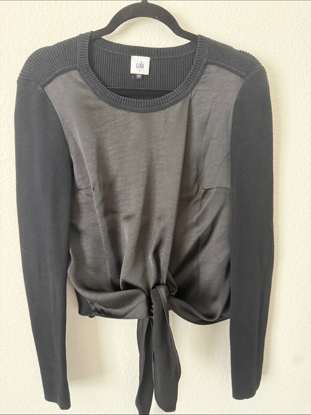 CAbi Black Tie-Front Satin-Panel Sweater